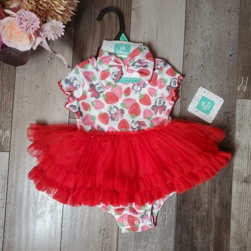 NWT Disney Baby Minnie Mouse Red & Pink Strawberry Romper w/ Headband 6/9 Months